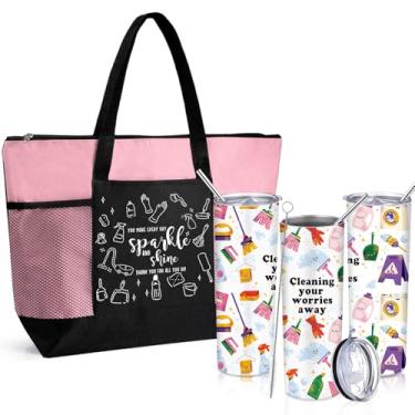 Imagem de Sieral Presentes de agradecimento da semana de limpeza de Natal para empregada doméstica equipe funcionário colega de trabalho copo inspirador de aço inoxidável com palha, tampa e pincel 590 ml e