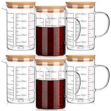 Imagem de Remerry Pacote com 6 copos medidores de vidro de 500 ml, caneca graduada com alça e tampa de bambu durável, copo medidor multifuncional de grau alimentício, 500 ml