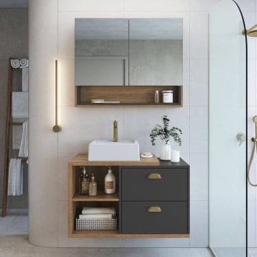 Imagem de Gabinete de Banheiro 80cm com Espelheira 2 Portas e Cuba Helena Mel / Grafite
