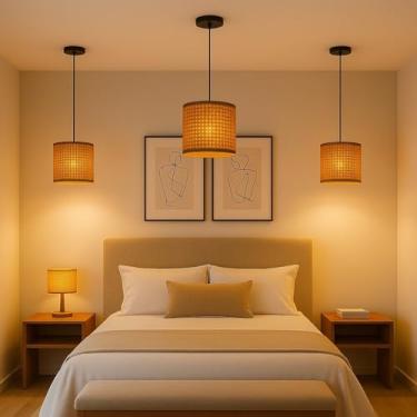 Imagem de Kit 3 Pendentes Tela Sintética Modernos Para Cozinha E Sala (Palha Sintetico)