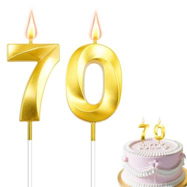 Imagem de Velas de aniversário de 70 anos, velas douradas número 70, vela de feliz aniversário para bolo, decoração de topo de bolo número 3D para 70 anos, mulheres, homens, festas de aniversário de casamento