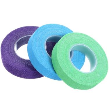 Imagem de Fita de dedal de 3 rolos para costura à mão, protetor de dedo de algodão autoadesivo, fita de dedo respirável ajustável, bandagem de tricô para quilting, bordado DIY artesanato (verde, roxo, azul)