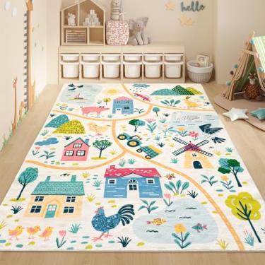 Imagem de Lacomfy Tapete para crianças, 1,2 x 1,8 m, tapete de área de animais de fazenda para quarto, sala de jogos, sala de aula, para meninos e meninas, tapete educacional para crianças, tapete de pista de