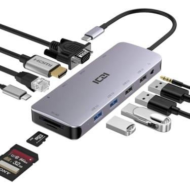 Imagem de ICZI Hub USB C 11 em 1 adaptador multiportas com 1 x HDMI/VGA/Ethernet, leitor de cartão SD/TF, 4 portas USB, conector de áudio 3.5 e carregamento PD compatível com MacBook, laptop Dell/HP/Lenovo
