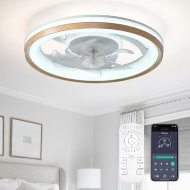 Imagem de FTZVRD Ventilador de teto com luz e controle remoto, montagem embutida de perfil baixo de 48 cm, 6 velocidades, motor CC, LED regulável 3000K-6500K, ventilador de teto de carvalho claro para quarto