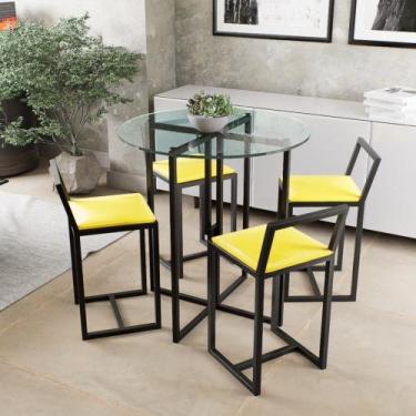 Imagem de Conjunto Mesa Redonda Vidro 4 Cadeiras Pequena Estofado Industrial Bla