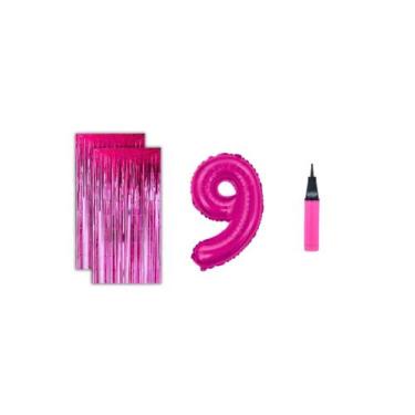 Imagem de Kit 2 Cortinas Metalizadas e Balão Número+Inflador Ar- Rosa - Partiufe