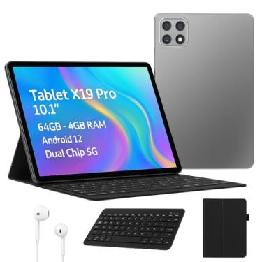 Imagem de Tablet X19 Pro Android 12, Tela 10.1”, 64GB + 4GB RAM, Dual Chip 5G, Wi-Fi, Bluetooth, Kit Completo Teclado + Capa + Fone