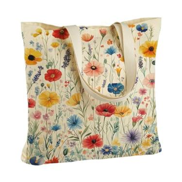 Imagem de ANNA QUEEN Sacola de lona, 35 x 40 cm, bolsa de ombro reutilizável, algodão poliéster, estilo casual, Flores e grama, 13.7 X 15.7 Inches