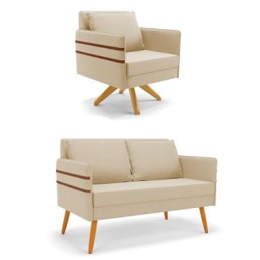Imagem de Kit 01 Namoradeira 02 Lugares e 01 Poltrona Mari Suede Bege Base de Ma