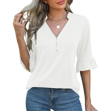 Imagem de Blusa Rapbin branca para mulheres, manga 3/4, decote em V, babado M