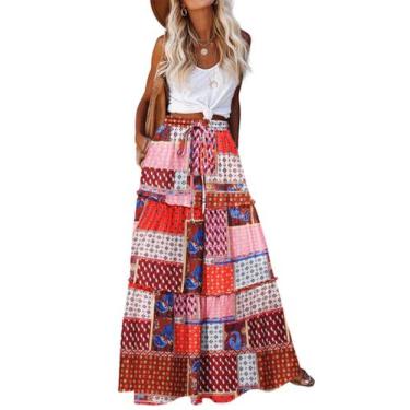Imagem de Saia Zeagoo longa plissada floral boho maxi com bolsos femininos