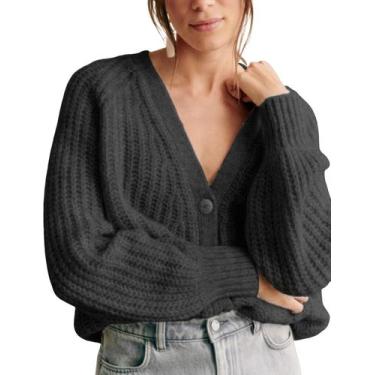 Imagem de Suéter de cardigã Wequle feminino de malha grossa com decote em V cinz