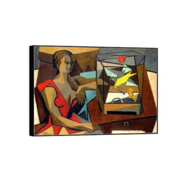 Imagem de BMZFYBS Impressão em tela pintura famosa imagem de parede - mulher e gaiola de pássaro - pôster moldura preta para sala de estar banheiro decoração de casa 70 x 100 cm 27 x 39 pol