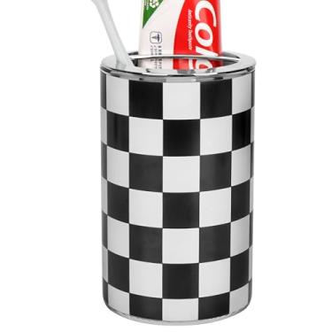 Imagem de DODAMOUR Suporte de escova de dentes quadriculado de cerâmica preto e branco, organizador de escova de dentes de aro prateado moderno, suporte decorativo minimalista para pia de banheiro e bancada