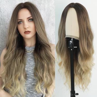 Imagem de TRUMOST Perucas onduladas marrom ombré para mulheres, peruca sintética longa marrom a loira, parte média, resistente ao calor, aparência natural, realce ondulado, peruca sem cola para meninas festa