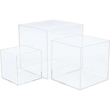 Imagem de Clisela 3 peças de suportes de exibição de cubo de acrílico com fundo vazado, elevadores de comida para mesa de buffet, prateleira decorativa para exibição de sobremesas colecionáveis joias figuras