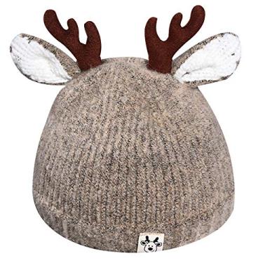 Imagem de Goclothod Gorro infantil fofo com chifres de rena para o inverno, S-cáqui, Tamanho Único