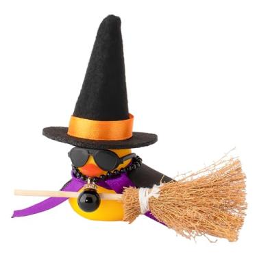 Imagem de wonuu Ornamentos de borracha para carro de pato decoração de painel de carro de pato para decoração de carro com chapéu mágico, colar de vassoura e óculos de sol, F_chapéu preto e laranja