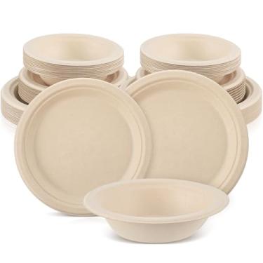 Imagem de Havawish Conjunto de 75 peças de pratos e tigelas de papel compostáveis, prato descartável, 20 cm, 20 cm, tigelas biodegradáveis de 340 g para 25 convidados, artigos de festa, jantar, festa, massa