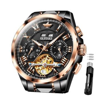 Imagem de OUPINKE Relógio masculino automático mecânico esqueleto luxuoso relógio social masculino aço tungstênio à prova d'água luminoso calendário relógio de pulso, Preto, ouro rosa, relógio social de luxo