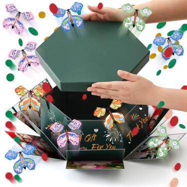 Imagem de Dunzoom Caixa de presente surpresa de borboleta voadora, grande caixa de presente de aniversário DIY com 12 peças de borboleta voadora, decoração de fantasia explosiva para aniversário, casamento