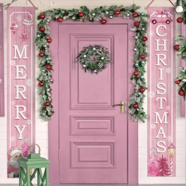 Imagem de Bolisom Bandeira rosa para alpendre de Feliz Natal, árvore de Natal, Papai Noel, caminhão, porta da frente, bandeira decorativa de boas-vindas, decoração de casa de fazenda, férias de inverno, floco