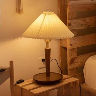 Imagem de Abajur Luminária De Mesa Nogueira Plissado De Madeira Maciça – Cabeceira, Quarto, Sala, Estudo e Leitura