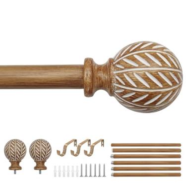 Imagem de Varão de cortina de madeira para janelas de 122 a 213 cm, ajustável, resistente, com acabamentos de padrão de folha de grão de madeira sintética, haste de cortina única Boho para sala de estar, quarto