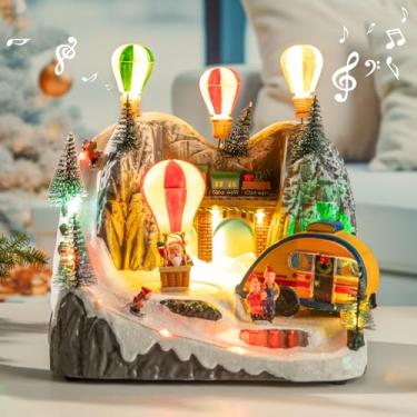 Imagem de Casas de aldeia de Natal, balões de ar quente, montanha de neve com iluminação LED e 8 músicas de Natal, decoração de mesa de Natal para decoração de mesa para casa