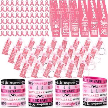 Imagem de XunYee 120 pulseiras de silicone para conscientização do câncer de mama com pinos de fita rosa marcadores de página Survivors Hope Faith Strength Itens a granel para mulheres, eventos de caridade