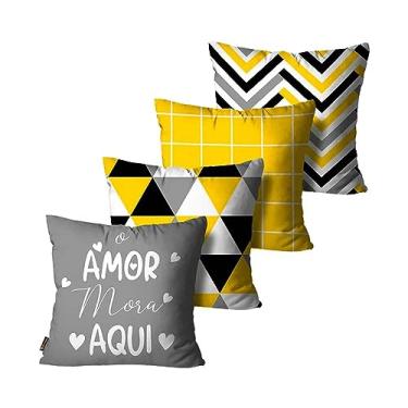 Imagem de Kit 4 Capas de Almofadas O Amor Mora Aqui Amarelo e Cinza