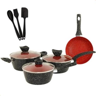Imagem de Jogo de Panelas Antiaderente THIKA 4 Peças – Design Marmorizado com Interior Vermelho e Tampas de Vidro Temperado