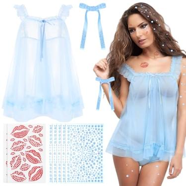 Imagem de Yearntown Conjunto de fantasias de cantora de Halloween – lingerie de renda transparente de malha com adesivo autoadesivo de lábio vermelho, Azul, Large