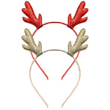 Imagem de Faixa de cabeça de rena de Natal com glitter, chifres de rena, faixa de cabelo de Natal para mulheres, faixa de cabelo de veado, decoração de festa, cosplay, acessórios de cabelo fofos, pacote com 2
