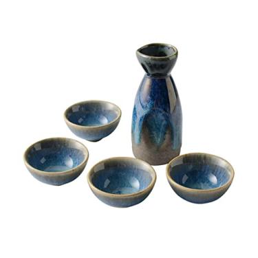 Imagem de JOEUQK Conjunto de 5 peças de saquê, conjunto de pote de saquê japonês de padrão tradicional de céu estrelado azul pintado à mão, com 4 copos de saquê, 1 pote de saquê, copos de 130 ml