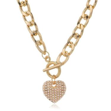 Imagem de Colar Coração Dourado Corrente Grossa Luxo Strass Romântico- Feminino Grande Pingente Amor Delicado Presente Dia das Mãe Namorada Amiga Elos Versátil Fecho