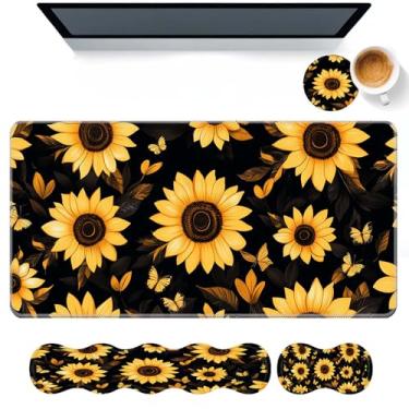 Imagem de DHEEBFWE Conjunto de mouse pad de teclado, grande mesa + descanso de pulso para teclado + suporte de pulso para mouse + porta-copos para alívio da dor fácil de digitar, suporte de pulso antiderrapante