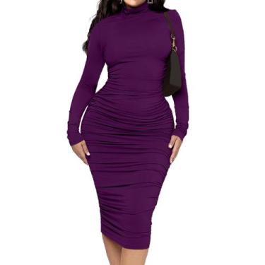 Imagem de Vestido midi Ekaliy franzido com gola alta Bodycon para mulheres, roxo