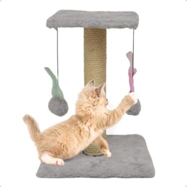 Imagem de Arranhador Para Gatos Pet Poste Duplo Cinza Sisal Brinquedo Com Bolinha Pena Duas Bases Carpete Anti Stress Anfia Unhas