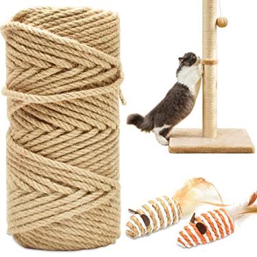 Imagem de HezzLuv Corda de sisal 50M para arranhar gatos, corda de juta natural de 6 mm de espessura para arranhadores, árvores, projetos DIY, corda de sisal para arranhadores de gatos, vem com 2 brinquedos de