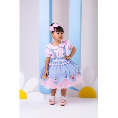 Imagem de Vestido Temático Infantil Fazendinha Salopete Jeans Rosa - Banana Club