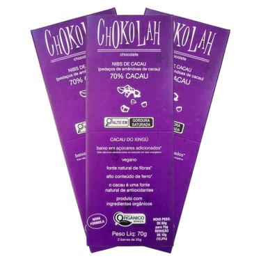 Imagem de Kit 3X: Chocolate 70% Cacau com Nibs Baixo em Açúcares Orgânico CHoKolaH 70g
