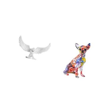 Imagem de Fenteer Estatueta de Asa de Anjo de Resina E Escultura de Cachorro Colorida, Artesanato de Filhotes Multicoloridos, Ornamento Animal Realista para Decoração D