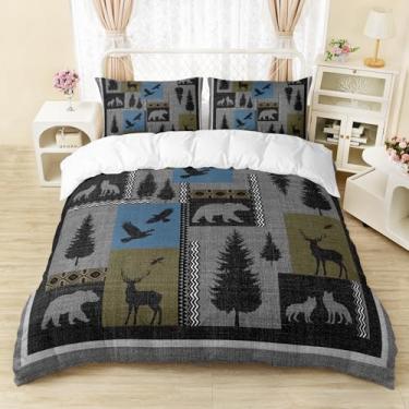 Imagem de AILONEN Conjunto de capa de edredom solteiro de urso cinza caça veado, capa de edredom de urso rústico e 2 fronhas, microfibra macia, vida selvagem, conjunto de cama para crianças, meninos, homens, 3