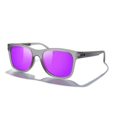 Imagem de Óculos de sol polarizados para amantes de óculos de sol leves TR90 armação quadrada para homens e mulheres, Armação cinza Tra/dobradiça roxa/lente espelhada roxa, Lens Width: 51 Millimeters