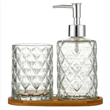 Imagem de Kit Banheiro 4 Peças em Cerâmica e Plástico com Dispenser Cromado 2 Porta-Escovas e Saboneteira – Organização e Estilo para Seu Lavabo (Conj. Vidro 3 Peças - Prateada)