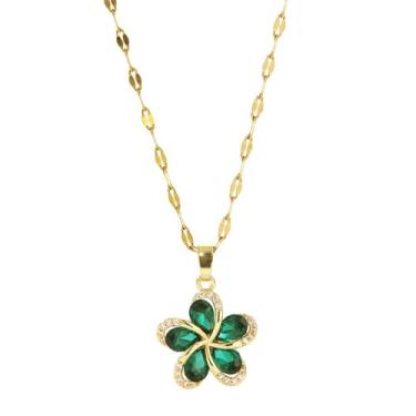 Imagem de Colar feminino com pingente de flor de zircônia cúbica verde banhado a ouro delicado pedra do mês de nascimento em flor de cerejeira e trevo com elos ajustáveis, presente de aniversário, Natal, Natal