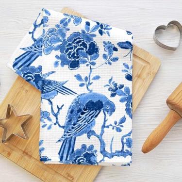 Imagem de Toalhas de cozinha artísticas de flores de pássaro, clássico peônia azul decorativa toalha de prato de microfibra absorvente toalha de chá, toalhas de mão waffle para casa de fazenda casa de banho
