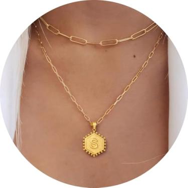 Imagem de Colar personalizado com pingente de letra A-Z, design hexagonal de corrente de camada dupla, joia minimalista de aço inoxidável para mulheres, F, Aço inoxidável, Sem Pedra Preciosa
